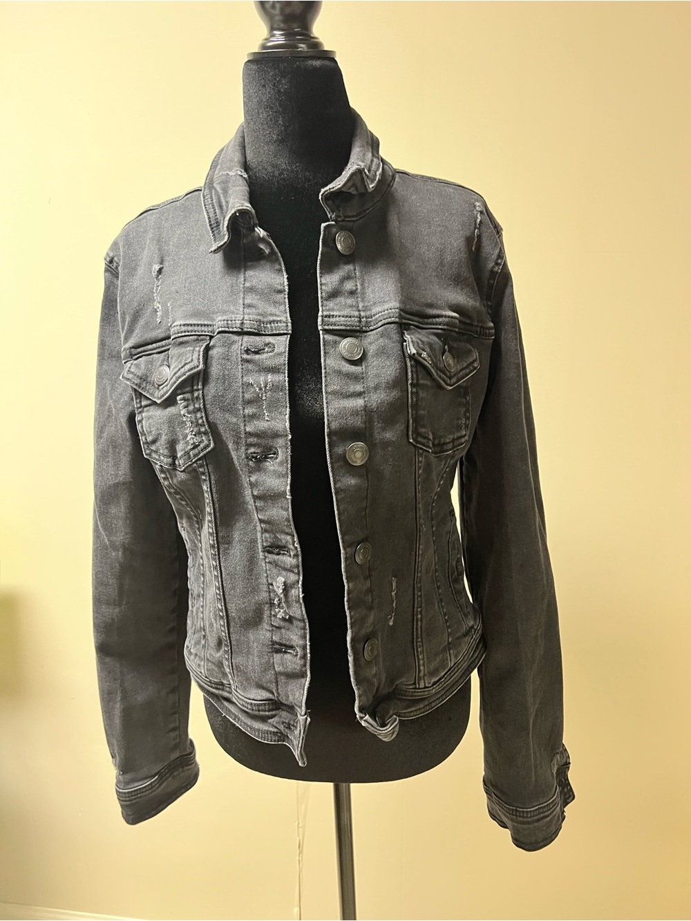 Aeropostale Women's Charcoal Black Distressed Denim Jacket